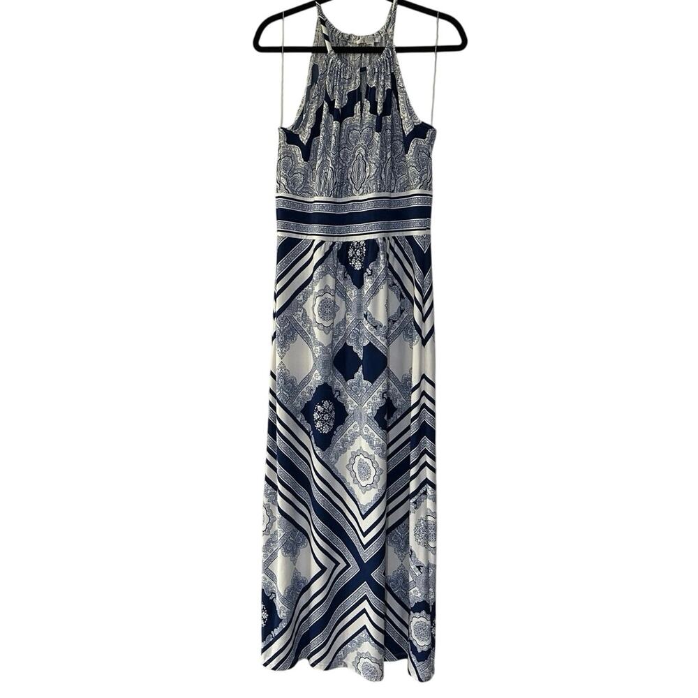 London Times Stretch Maxi Dress High-neckline Halter Travel Boho Navy White 14P